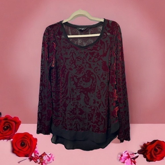 Simply Vera Vera Wang Tops - Vera Wang lingerie style black long sleeve semi-sheer blouse red velvet details